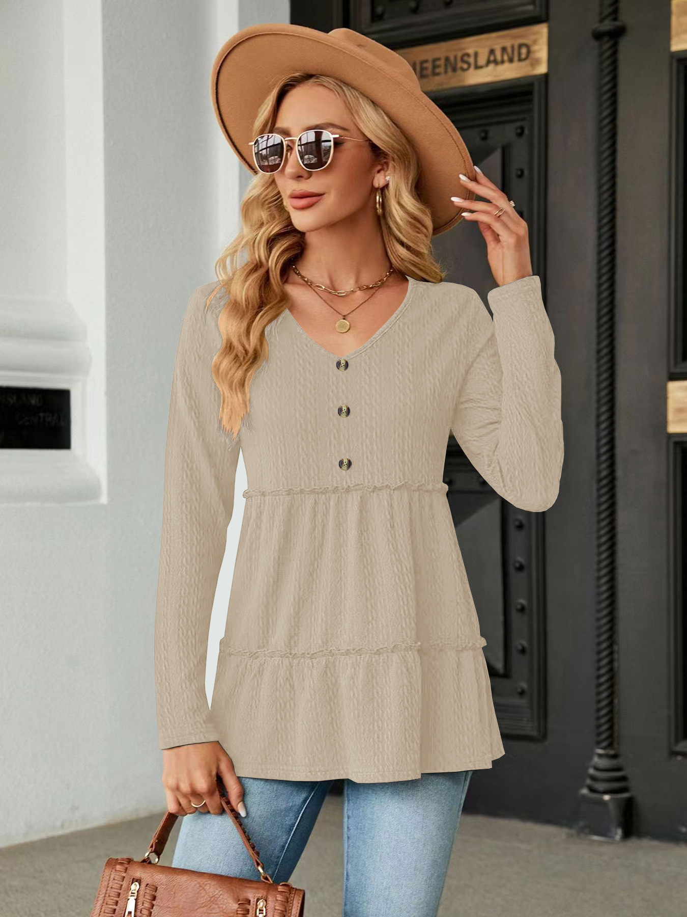 Solid V-Neck Buttoned Loose Long-Sleeve T-Shirt Top