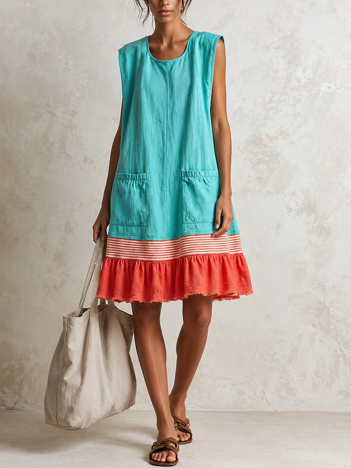 Women's Vintage Patchwork Loose Sleeveless Midi Dress