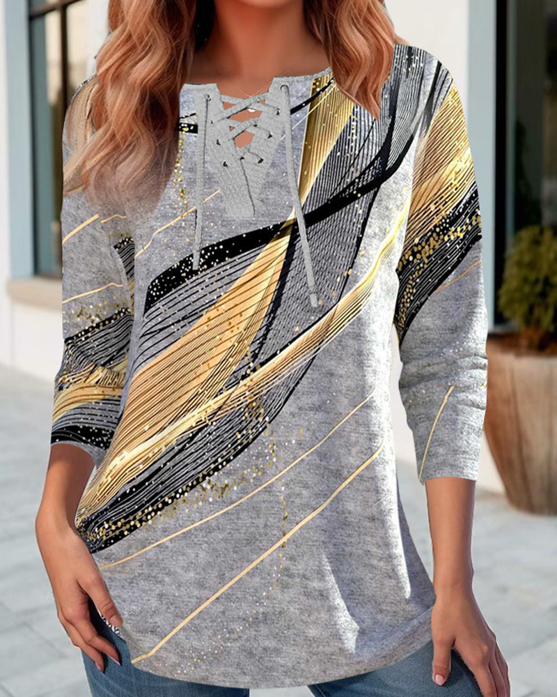 Striped V-Neck Long Sleeve Print T-Shirt Women's Loose Fit