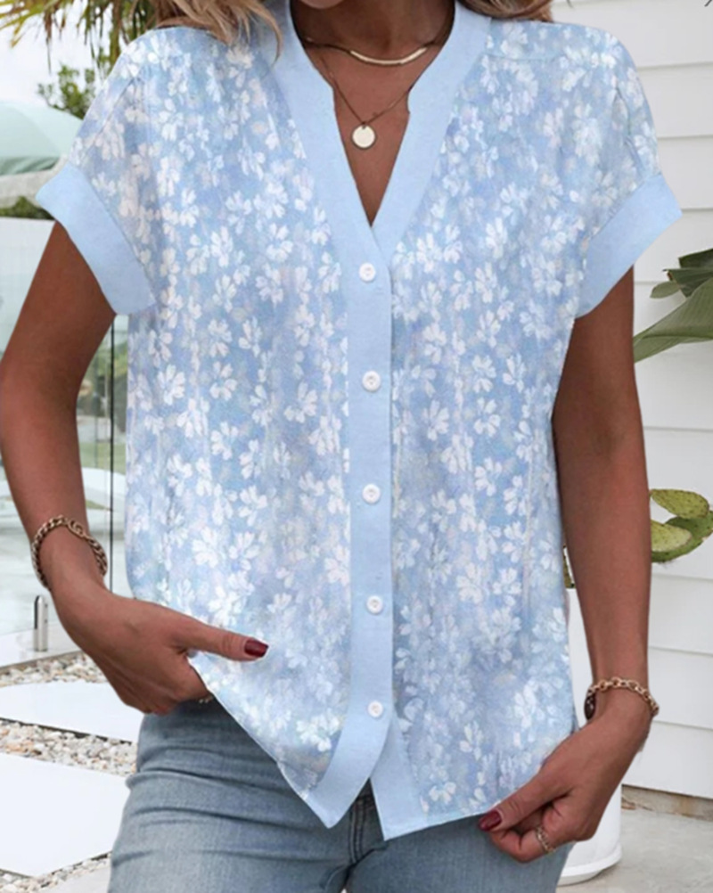 Floral Print V-Neck Short Sleeve Button Top