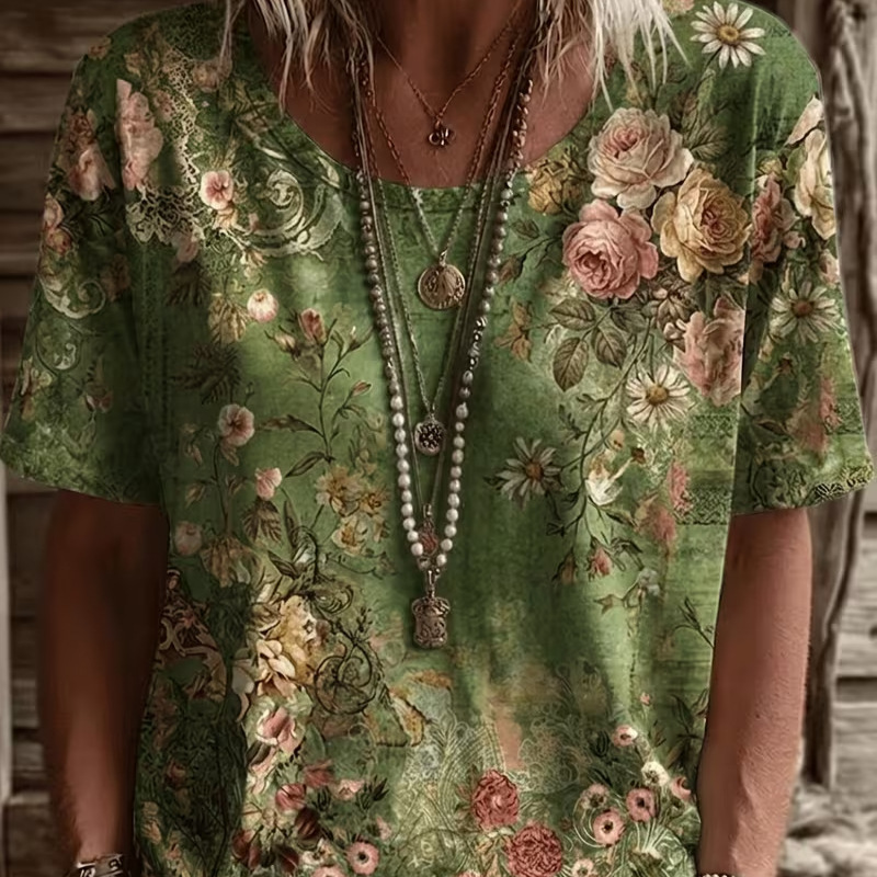 Retro Floral Print Short Sleeve T-Shirt