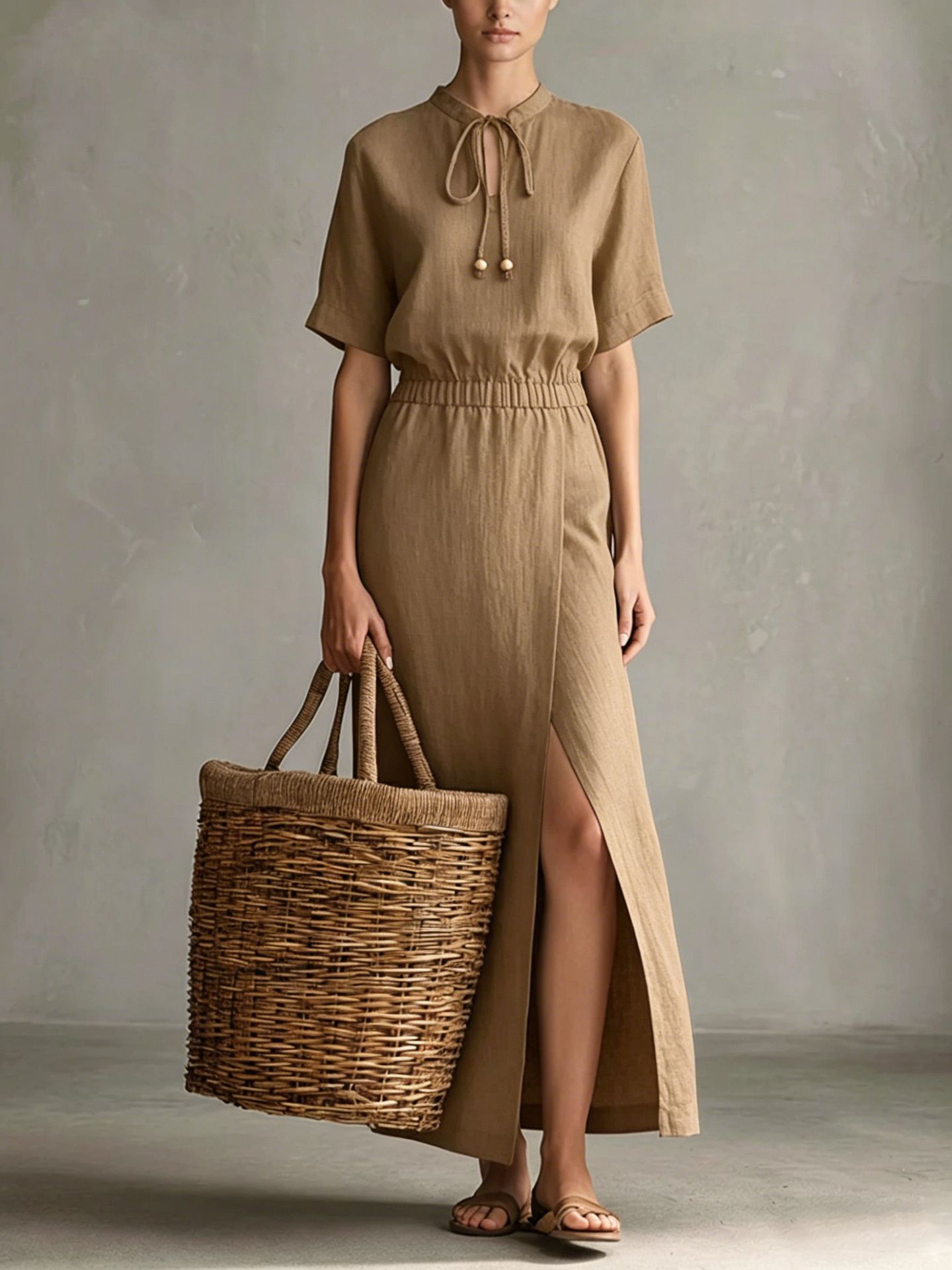 Women's Brown Bow-Tie Neck Casual Dress