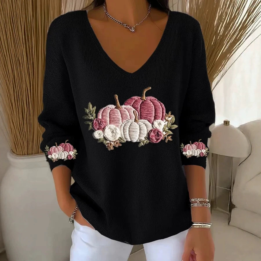 Pumpkin Print V-Neck Long Sleeve Women's Top