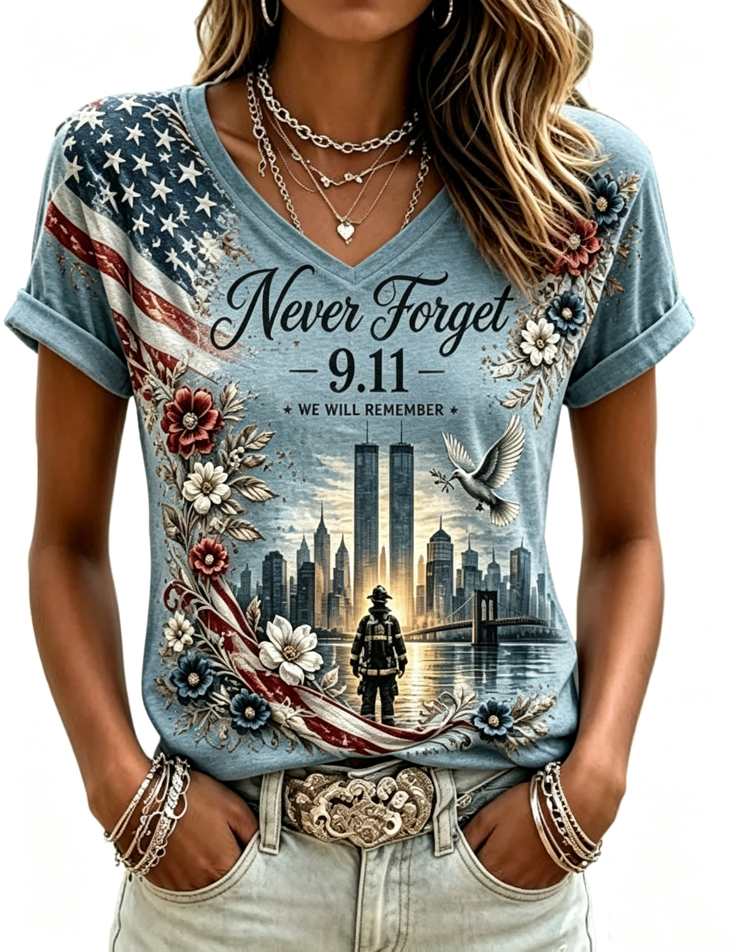Women's Floral Print V-Neck Short Sleeve T-Shirt