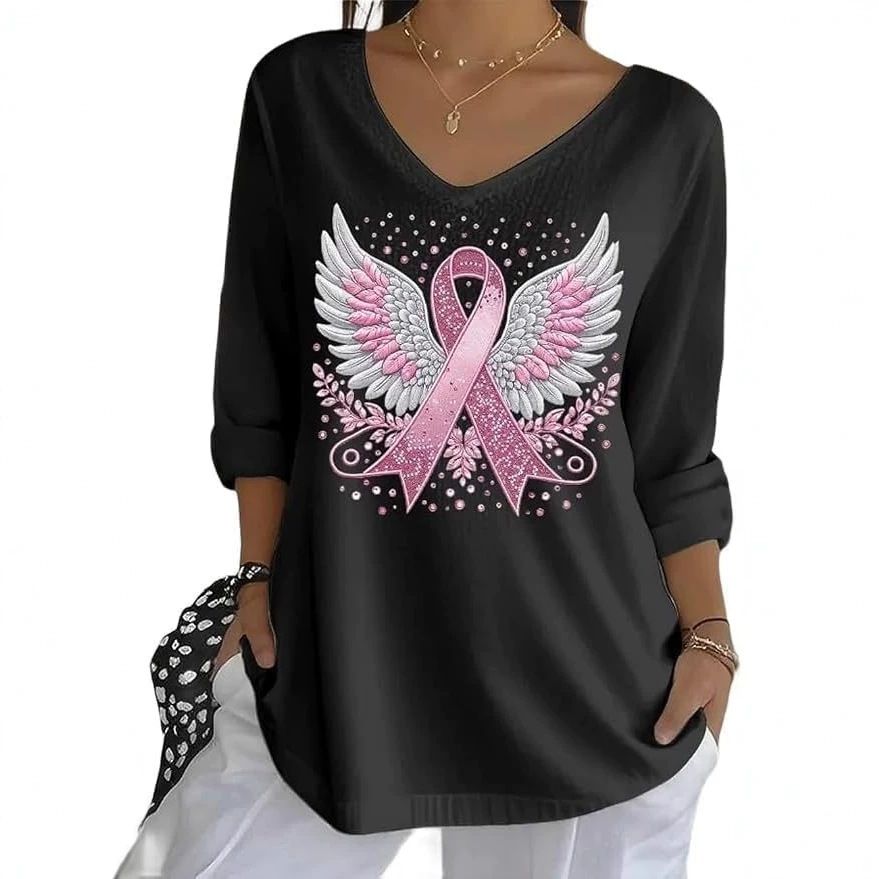 Wing Ribbon Print V-Neck Half-Sleeve T-Shirt