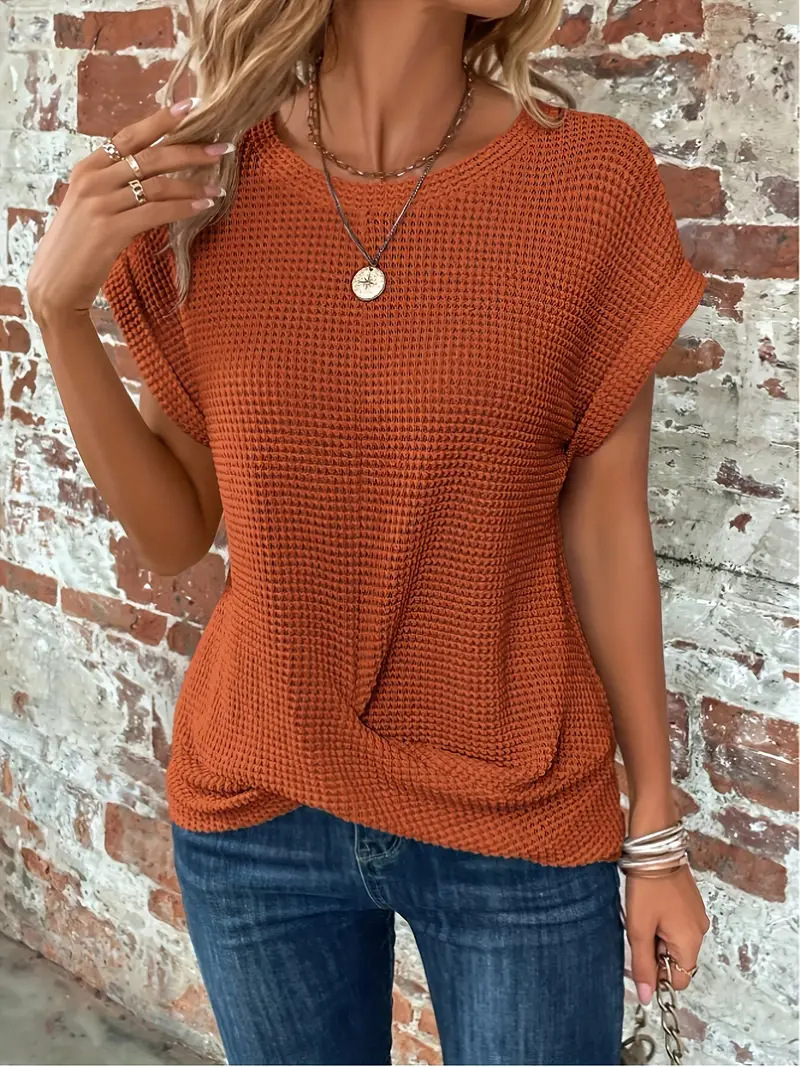 Women's Solid Crewneck Twist-Hem Short Sleeve T-Shirt