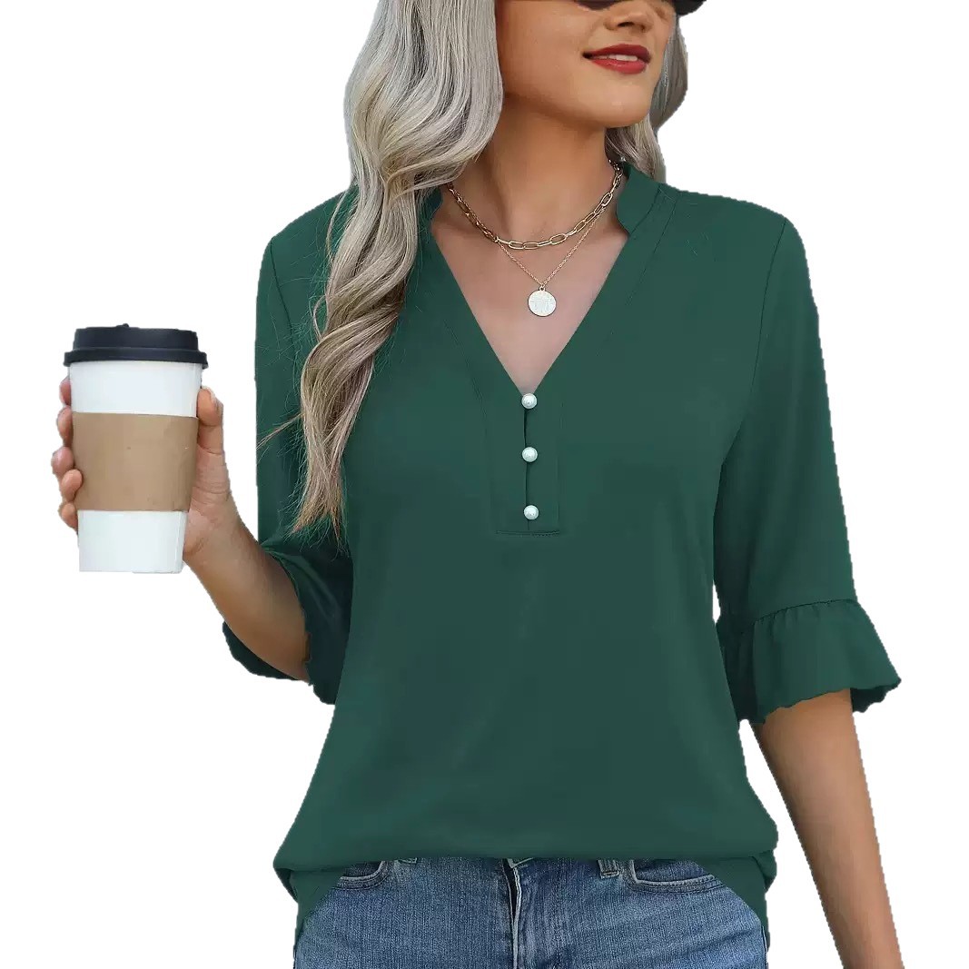 Women's Solid Color V-Neck Mid-Sleeve T-Shirt Top