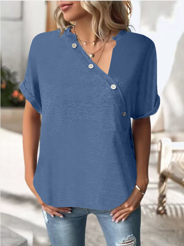Women's Solid Twist Button Short Sleeve V-Neck Top