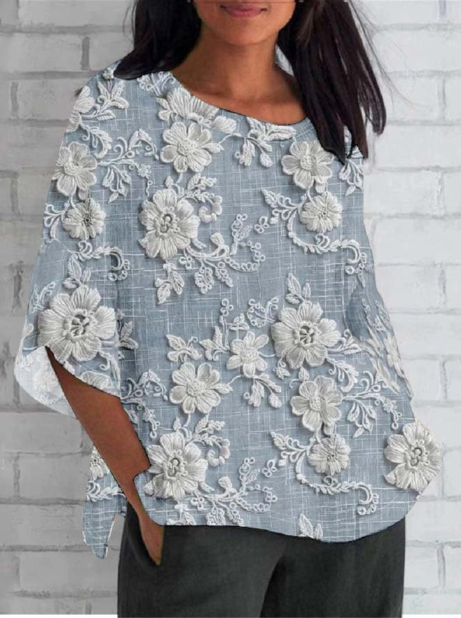 Women's Floral Petal Print Mid-Sleeve Casual Top