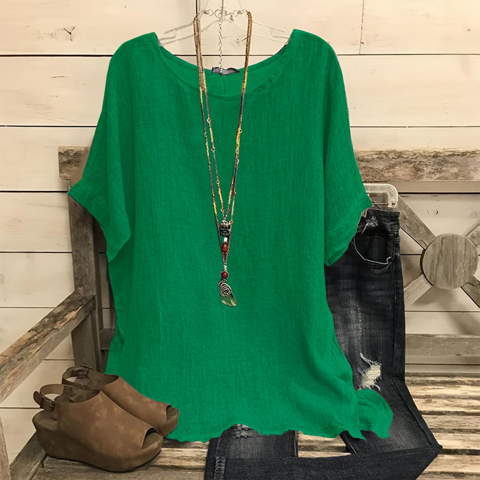 Women's Casual Loose Short Sleeve Solid Color Split Hem Round Neck Top