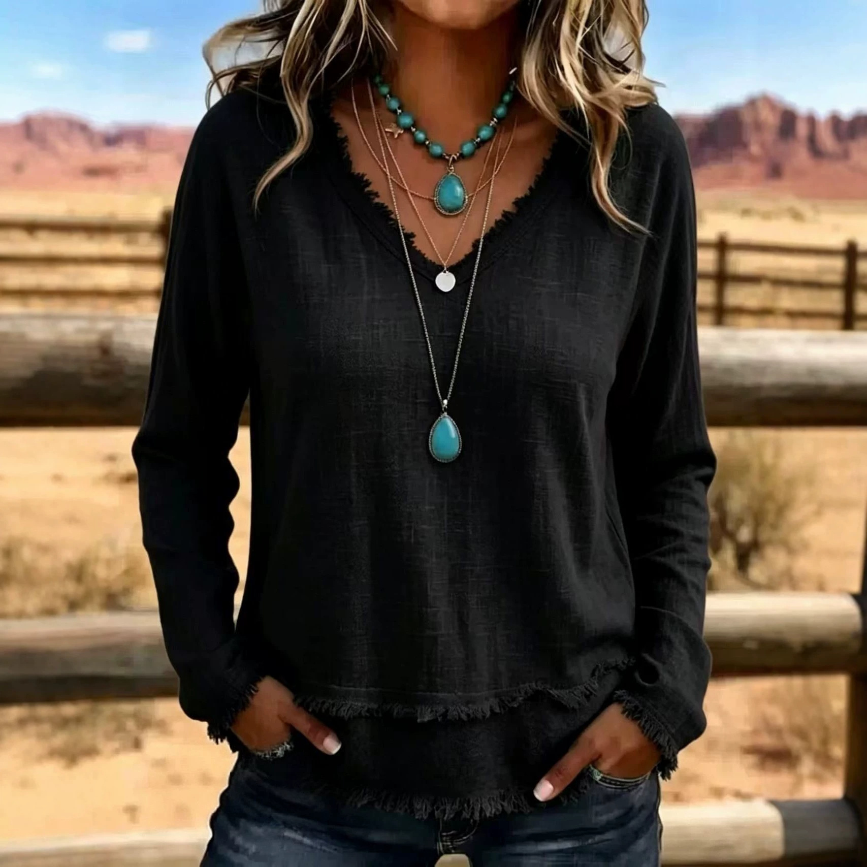 Women's Loose V-Neck Fringe Long-Sleeve T-Shirt Solid Casual Top