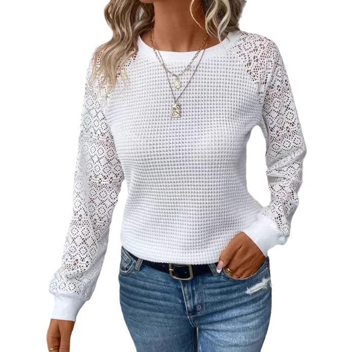Women's Lace Long Sleeve Hollow Out Crewneck Casual T-Shirt Top
