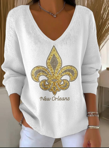 Maple Leaf Print V-Neck Long Sleeve T-Shirt