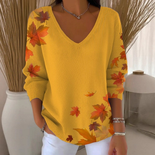 Maple Leaf Print V-Neck Long-Sleeve T-Shirt