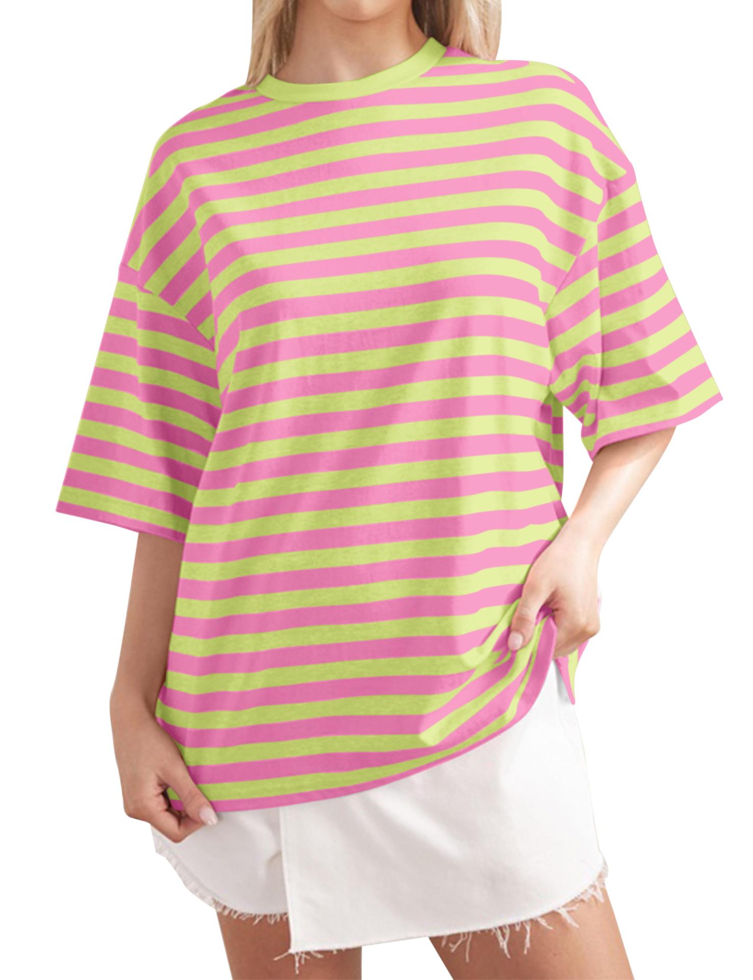 Striped Print Crewneck Half-Sleeve T-Shirt Casual Loose Fit