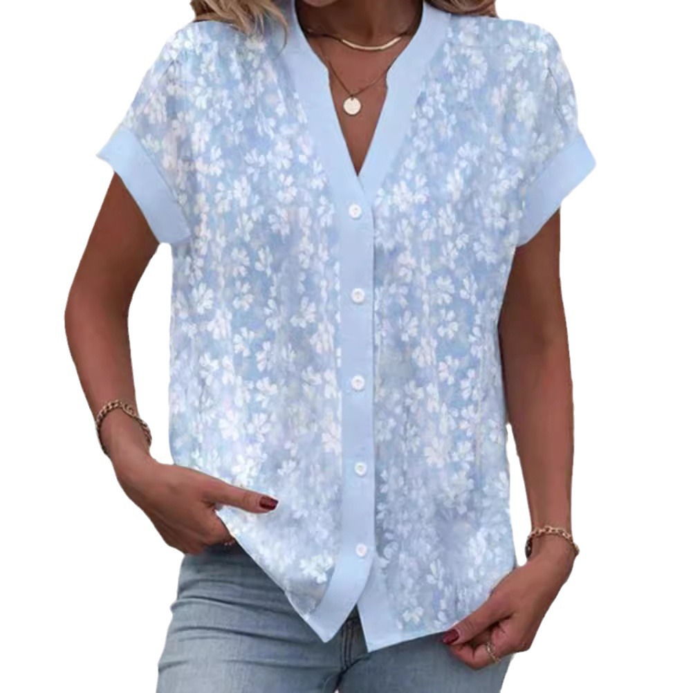 Floral Print V-Neck Short Sleeve Button Top