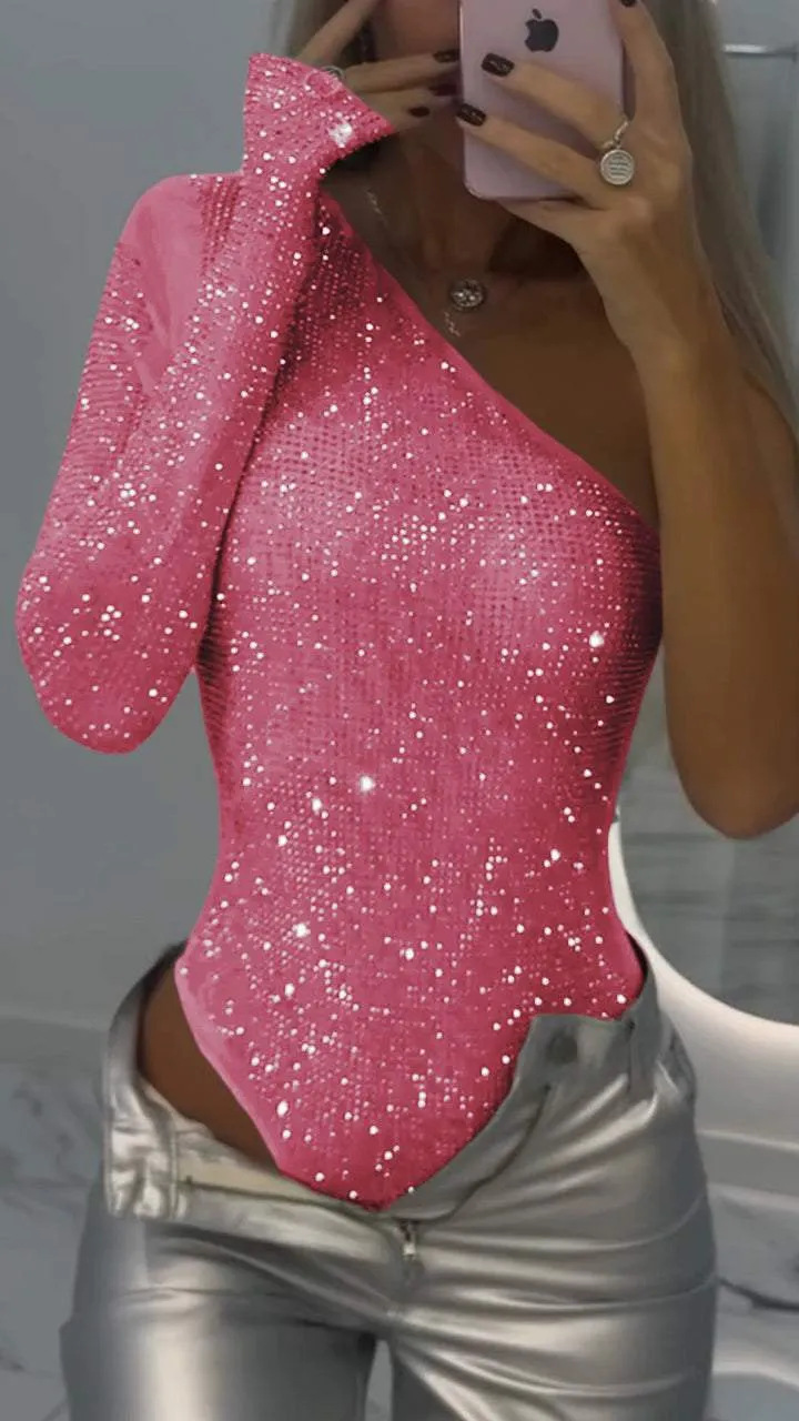 One-Shoulder Rhinestone Sequin Fitted Top
