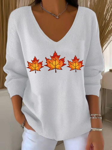 Maple Leaf Print V-Neck Long Sleeve T-Shirt