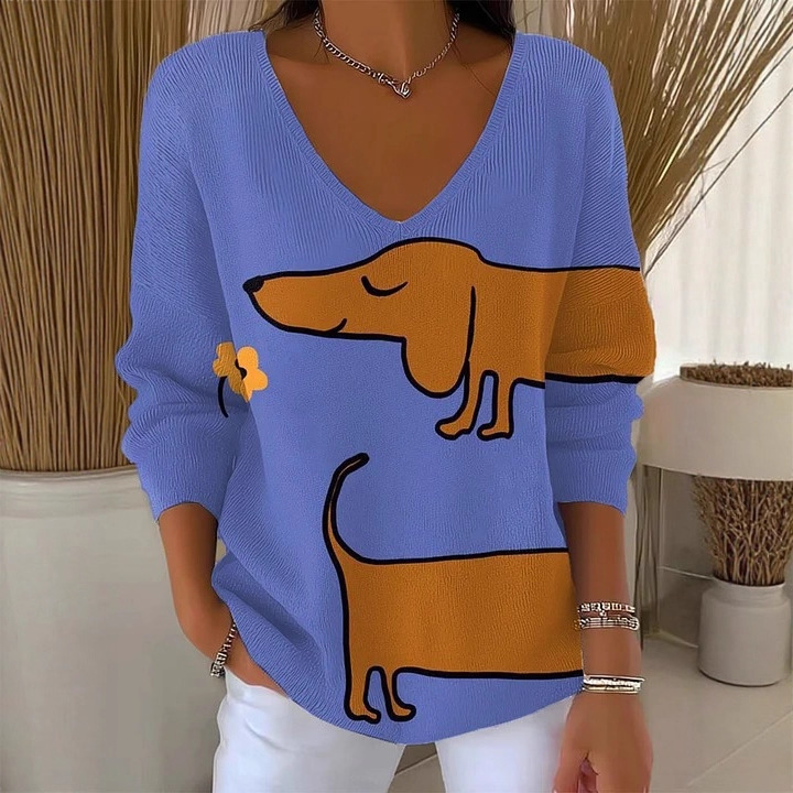 Cute Cartoon Puppy Print V-Neck Long-Sleeve Women's T-Shirt