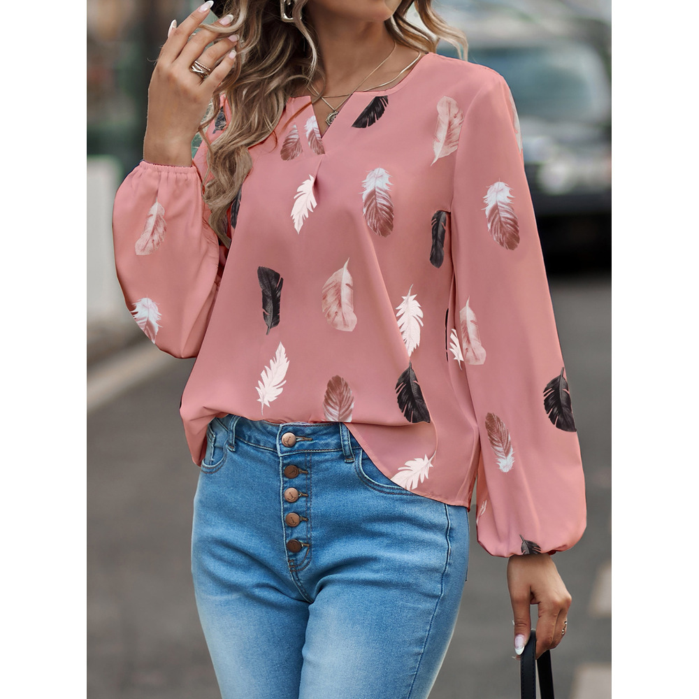 Women's V-Neck Feather Print Long Sleeve Loose T-Shirt Top