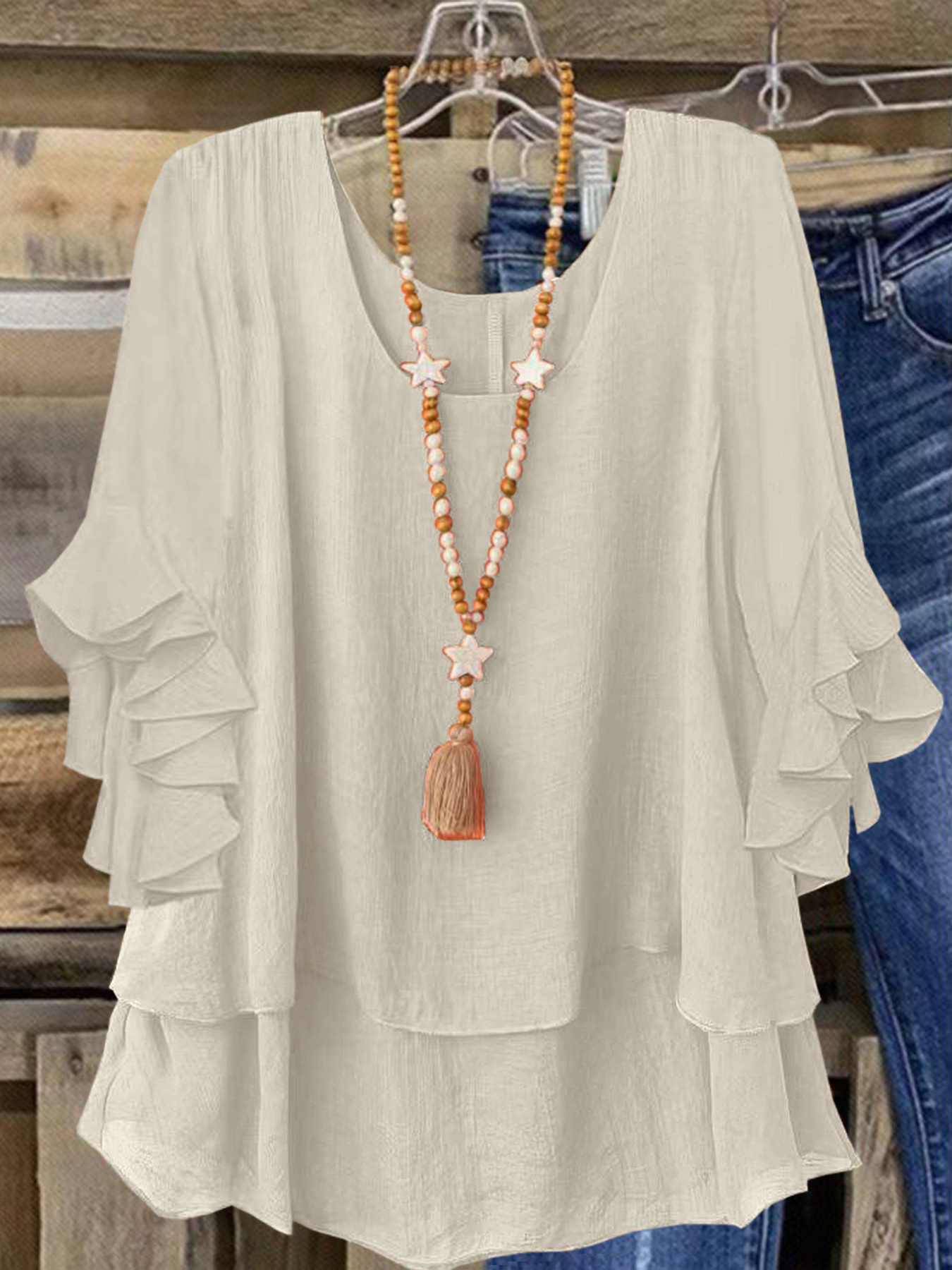 Women's Round Neck Flared Sleeve Loose Fit Casual Top