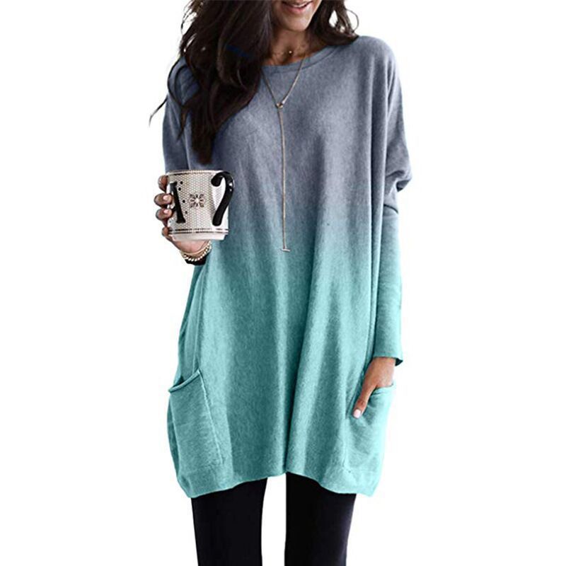 Women's Long Sleeve Pocket T-Shirt Casual Loose Fit Crew Neck Top