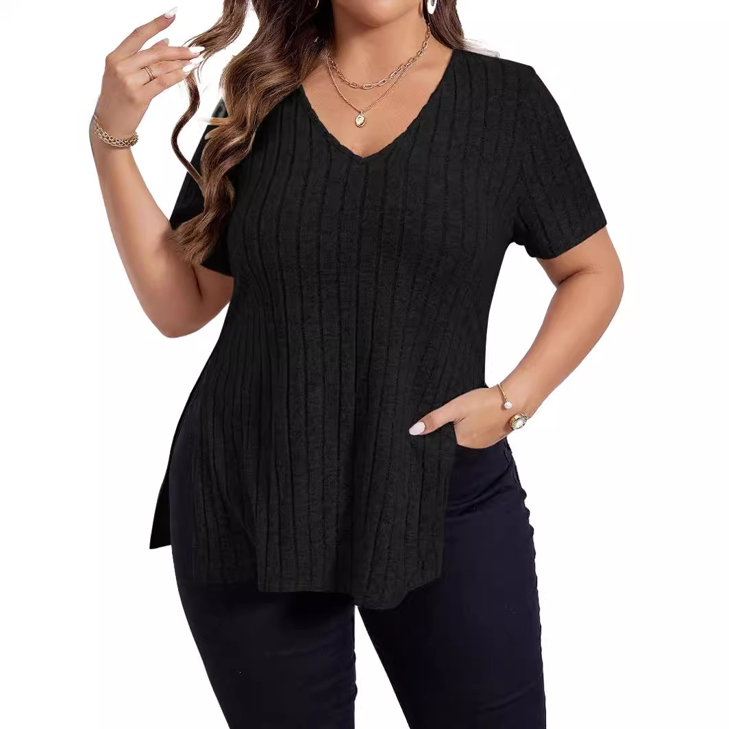 Women's Plus Size Ribbed V-Neck Short Sleeve Split Hem T-Shirt