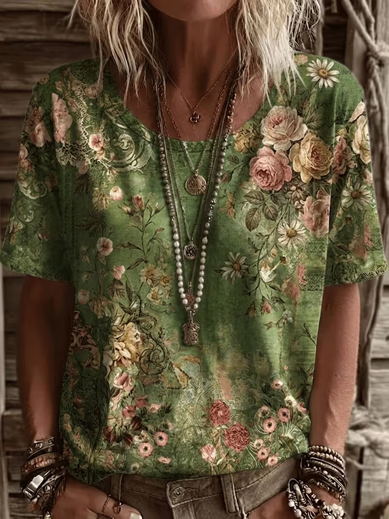 Retro Floral Print Short Sleeve T-Shirt