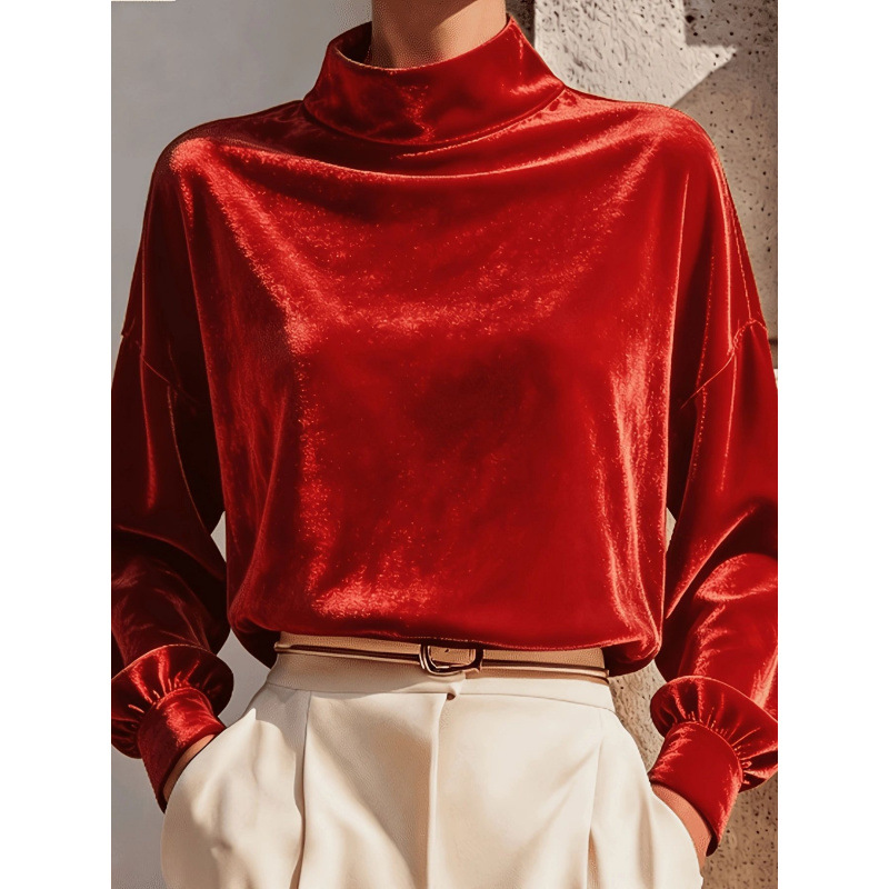 Velvet Mock Neck Long Sleeve Loose Fit Top