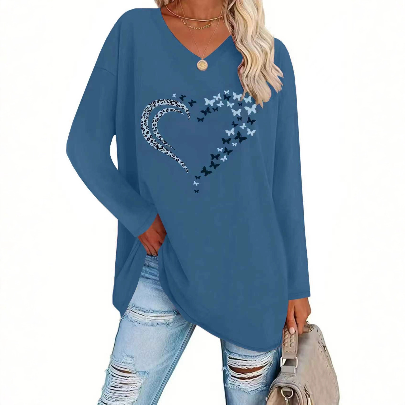 Women's Leopard Heart Butterfly Print Loose V-Neck Long Sleeve Top
