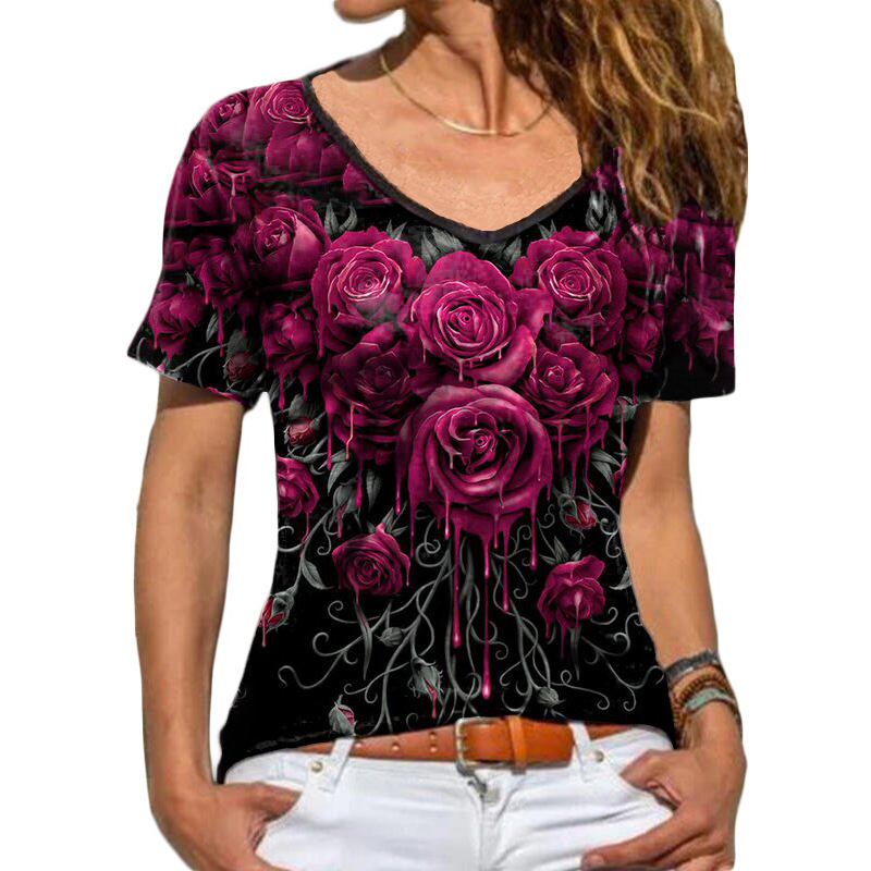 Women's Short Sleeve Rose Print T-Shirt Casual Round Neck Top