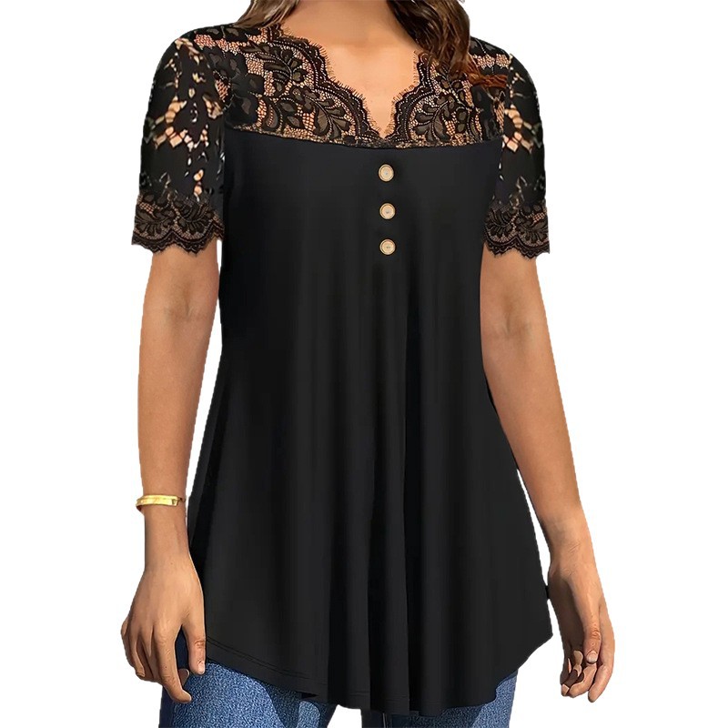 Women's Black Lace Short Sleeve Blouse Casual Chiffon Shirt
