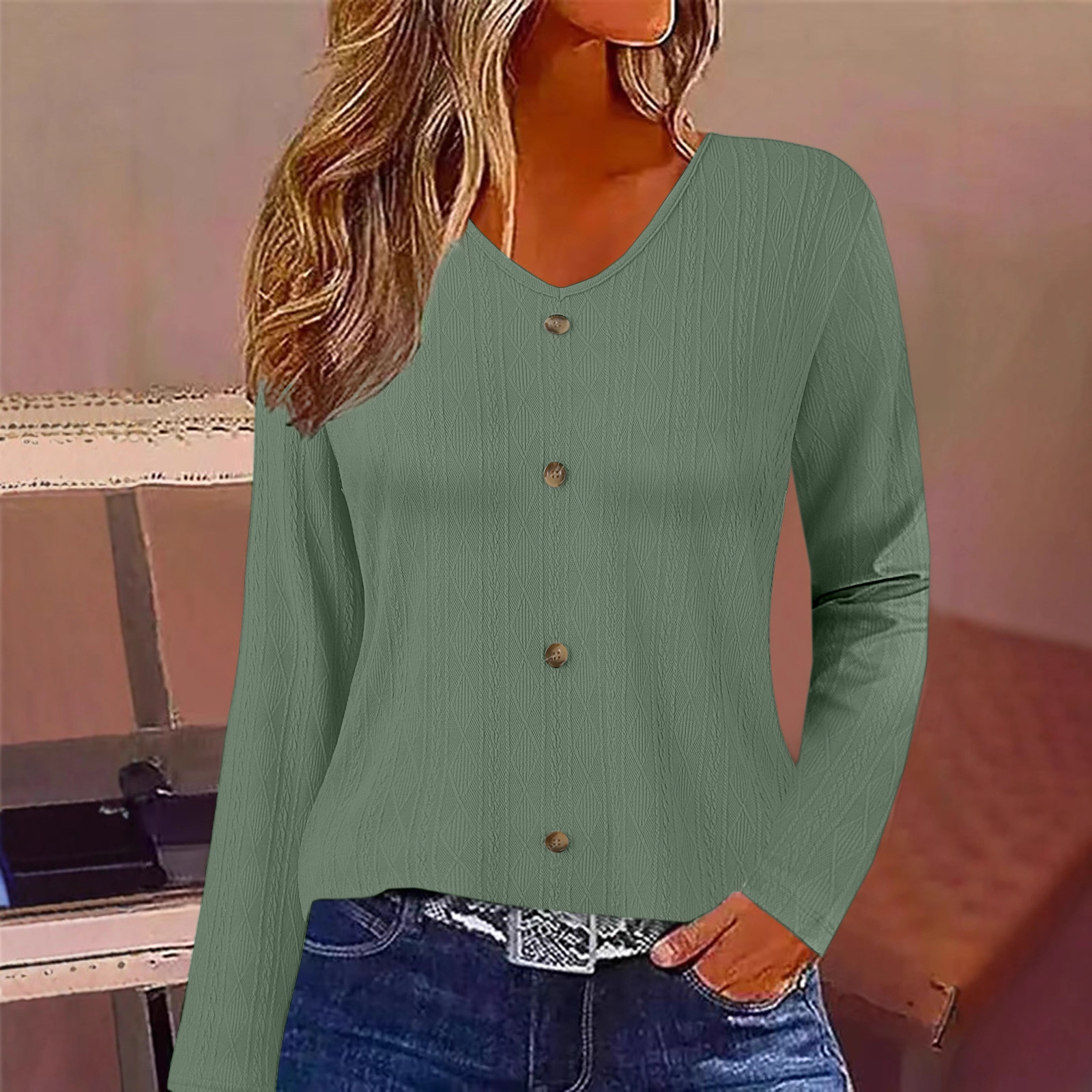 Women's V-Neck Long Sleeve Top Casual Loose Fit Solid Color