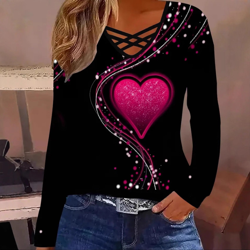 Women's Heart Print Long Sleeve V-Neck T-Shirt