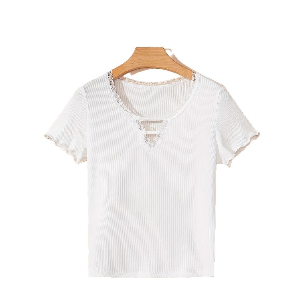 Lace-Trim Short-Sleeve T-Shirt, Casual Slim Fit Top