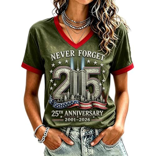 Twin Towers Anniversary Print V-Neck Short Sleeve Women's T-Shirt