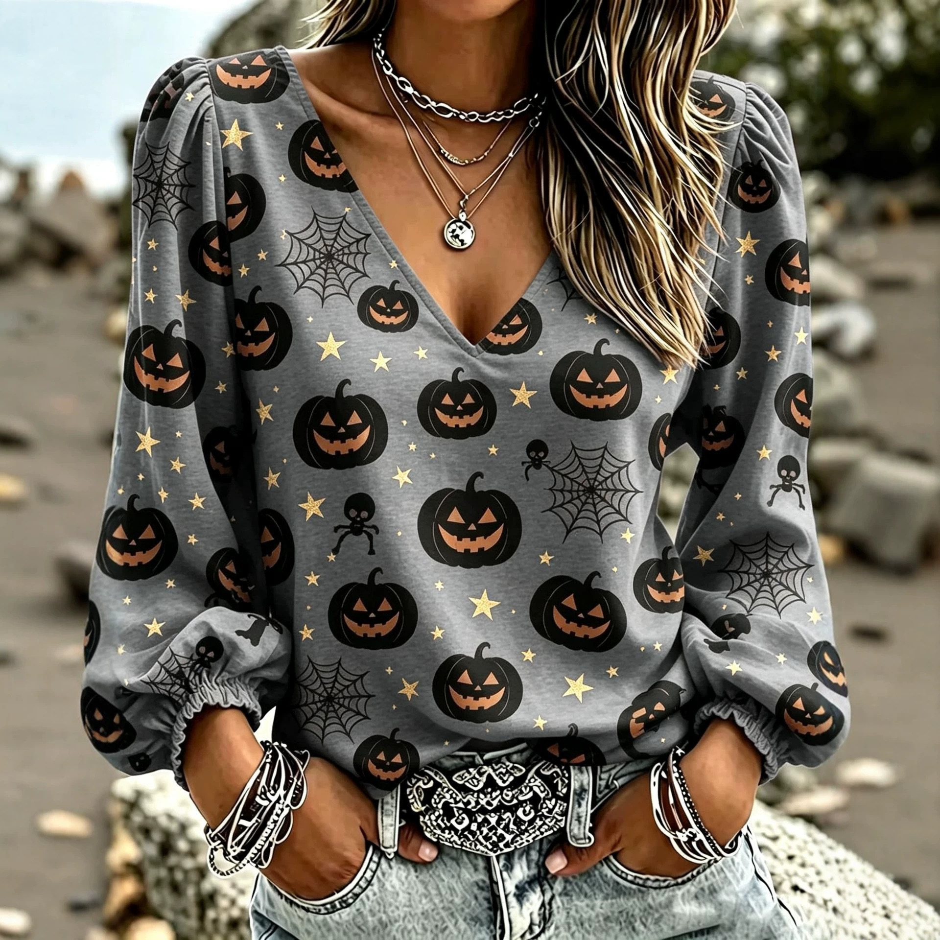 Halloween Pumpkin Ghost Print V-Neck Long Sleeve Women's T-Shirt
