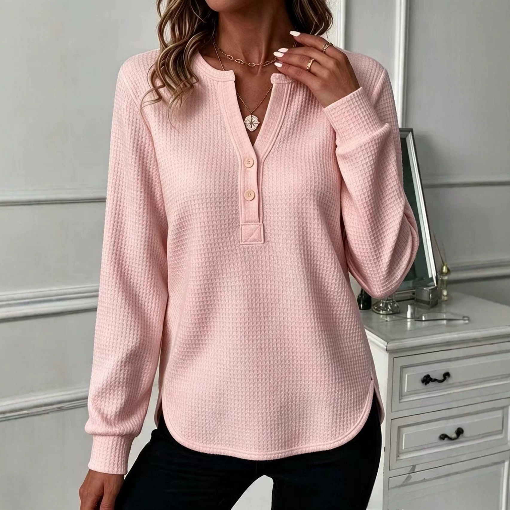 Waffle Knit V-Neck Button Loose Fit Long Sleeve Top