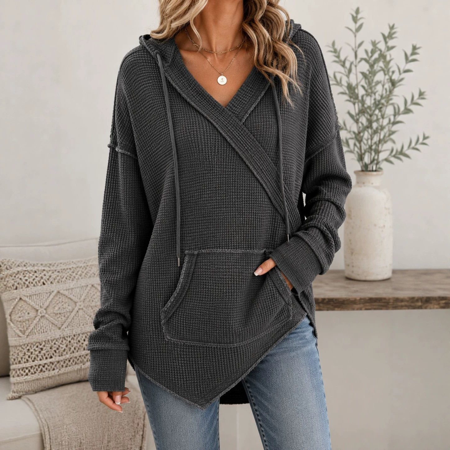 Waffle Knit Drawstring Hoodie Casual Pullover