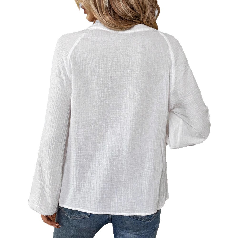 Women's Loose V-Neck Long Sleeve Embroidered Shirt Top