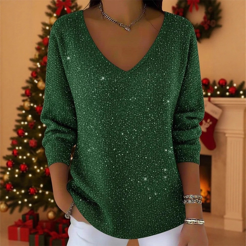Women's Long Sleeve V-Neck Glitter T-Shirt Casual Versatile Top