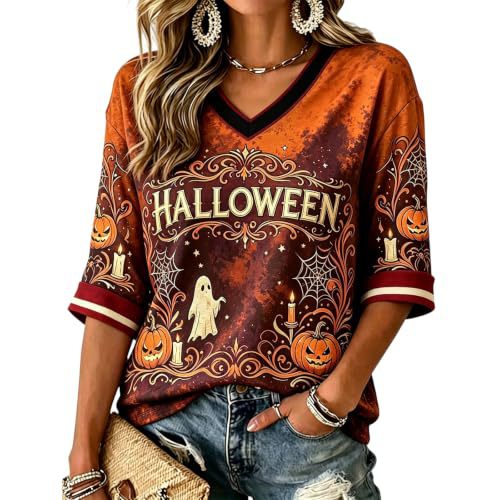 Halloween Pumpkin Shadow Print V-Neck Mid-Sleeve Women's T-Shirt