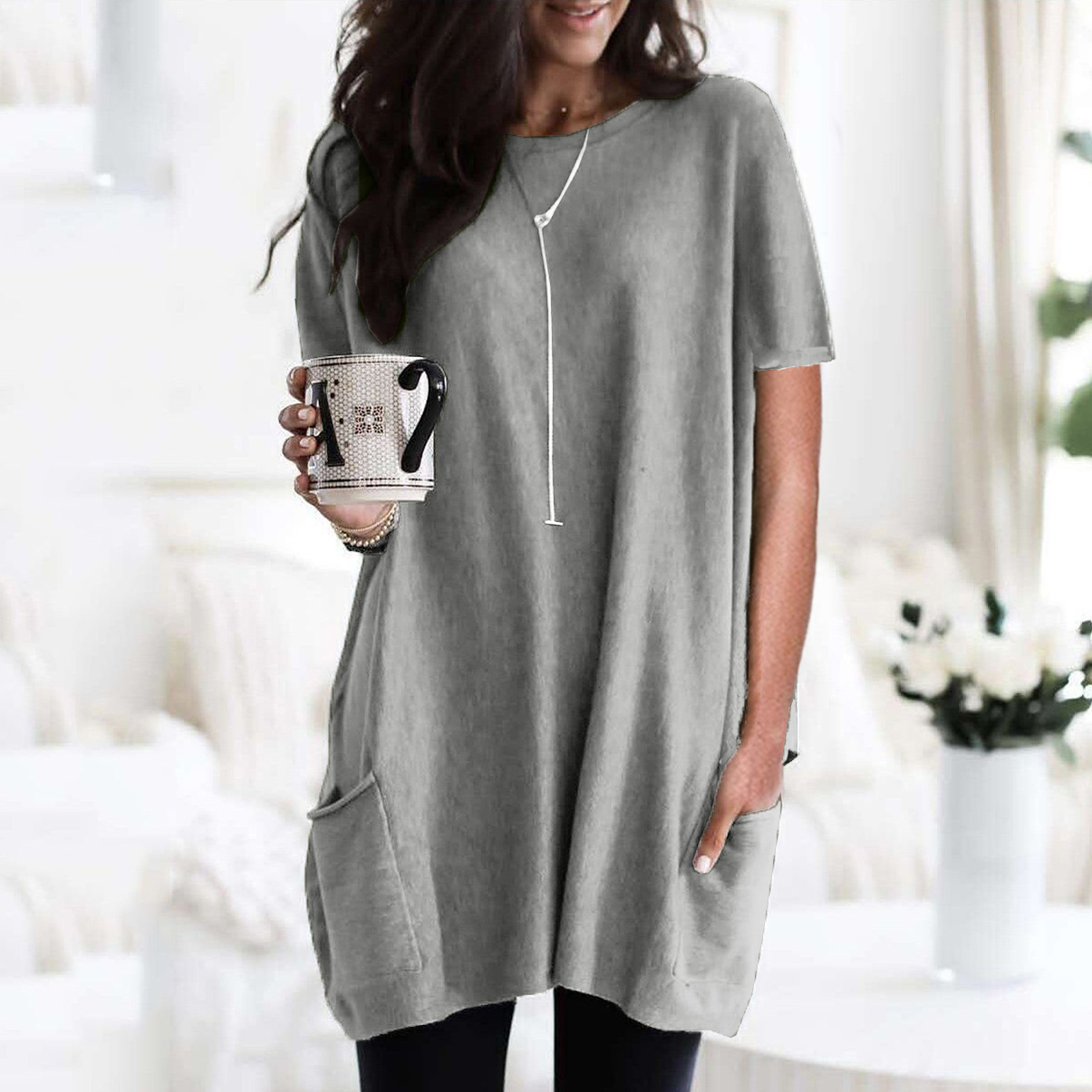 Women's Long Sleeve Pocket T-Shirt Casual Loose Fit Crew Neck Top