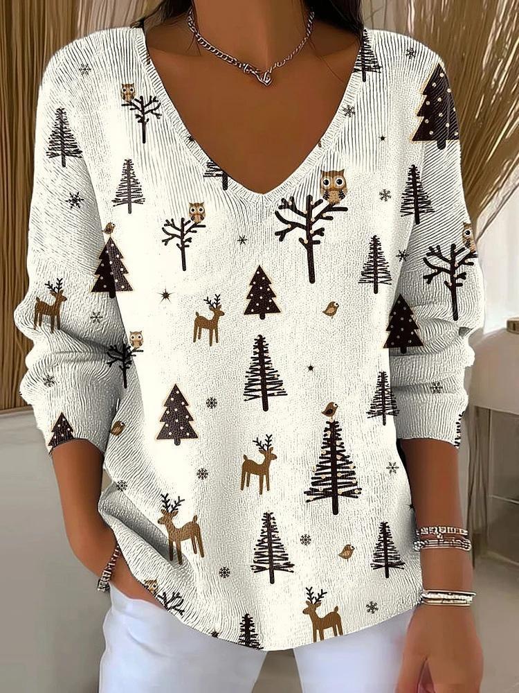 Halloween Plant & Tree Print V-Neck Long-Sleeve T-Shirt for Women