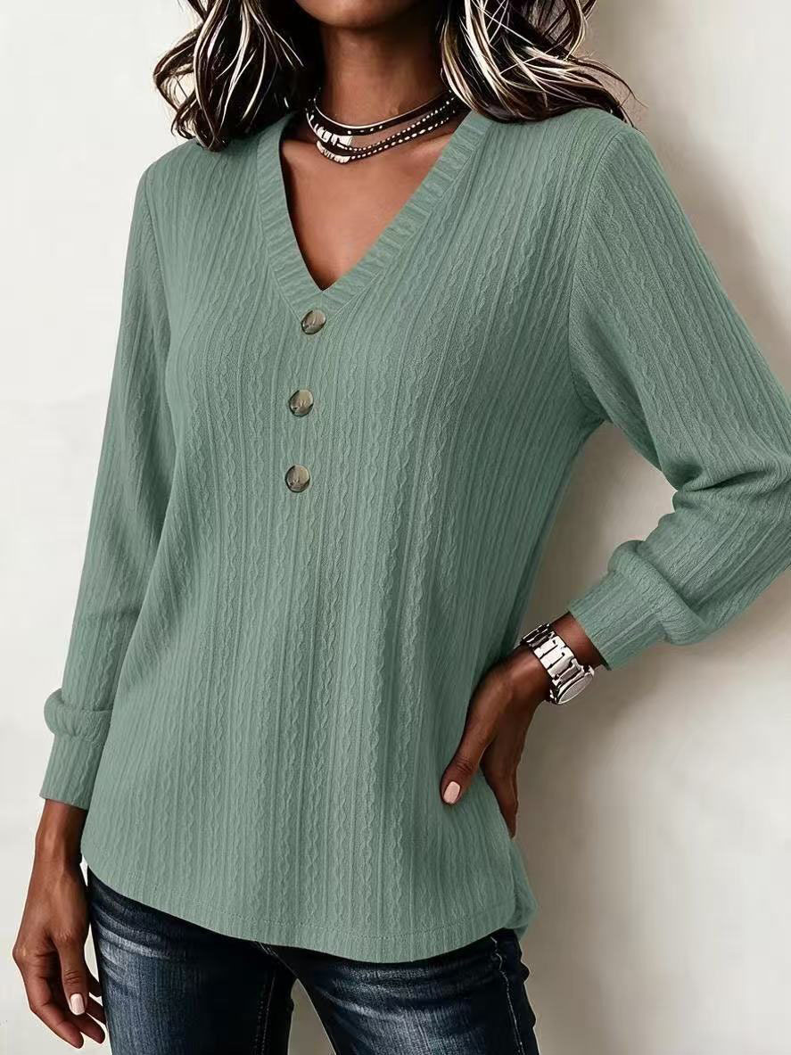 Cable Knit V-Neck Button Long Sleeve Sweater