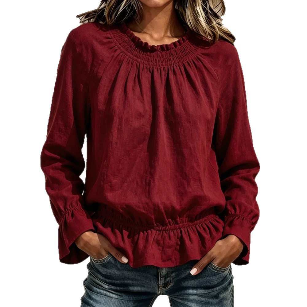 Women's Casual Crewneck Long-Sleeve Ruffle Solid Color T-Shirt