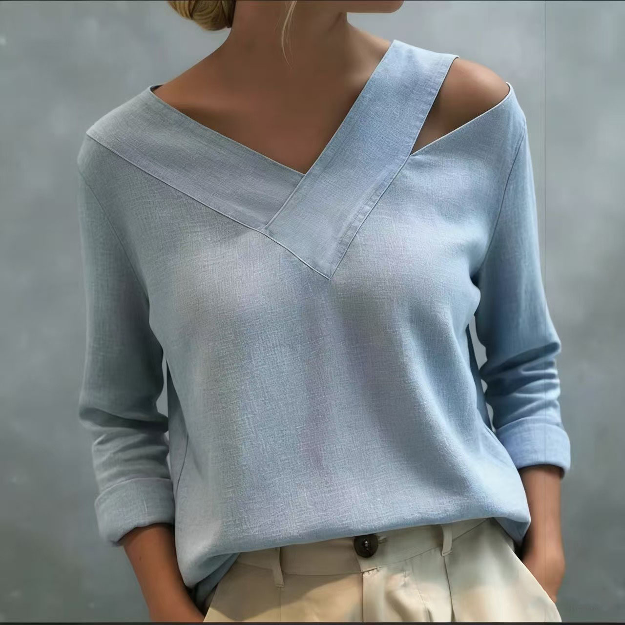 Elegant Off-Shoulder V-Neck Long-Sleeve Solid Top
