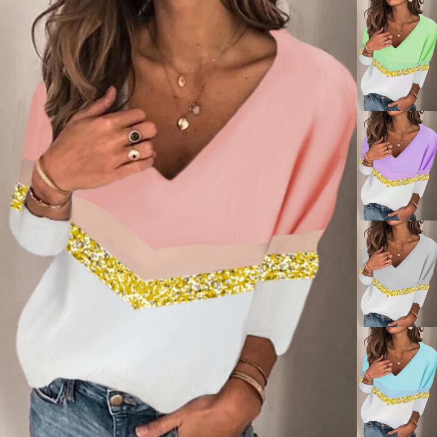 Women's Loose Fit Printed V-Neck Long Sleeve T-Shirt