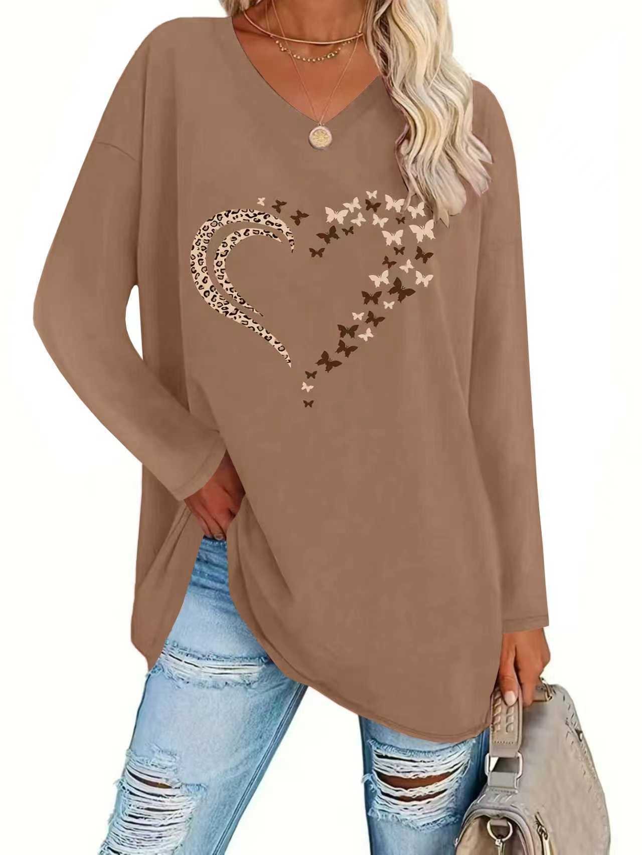 Women's Leopard Heart Butterfly Print Loose V-Neck Long Sleeve Top