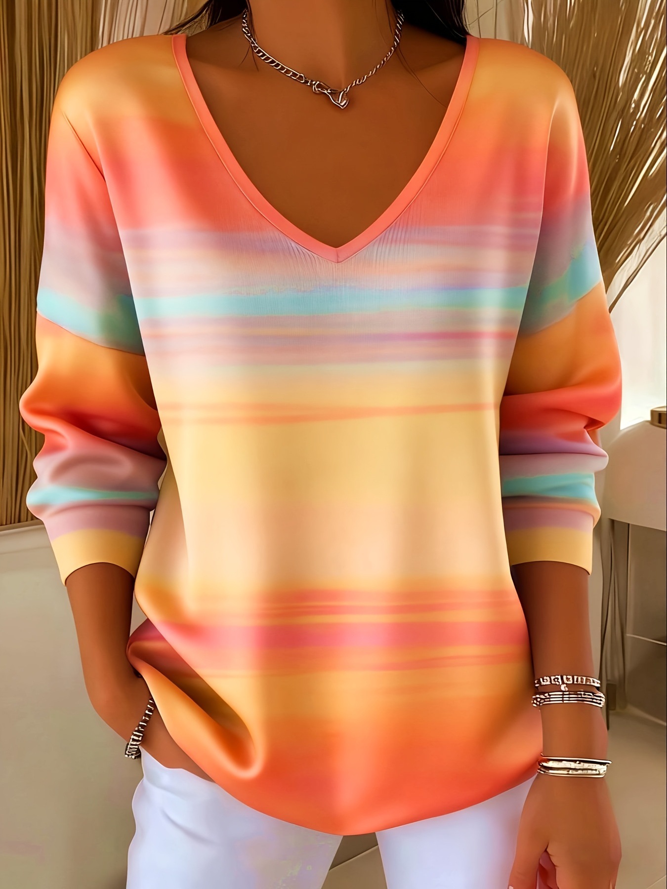 Colorful Leaf Striped V-Neck Long-Sleeve T-Shirt for Women